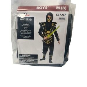 Black Skull Ninja Complete Costume Halloween Boys M Size 8 Pretend Play New